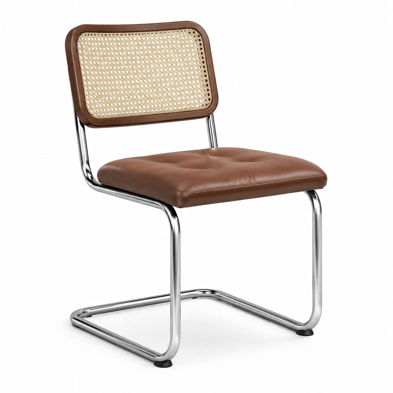 Silla de metal con asiento de cuero marrón y respaldo de ratán