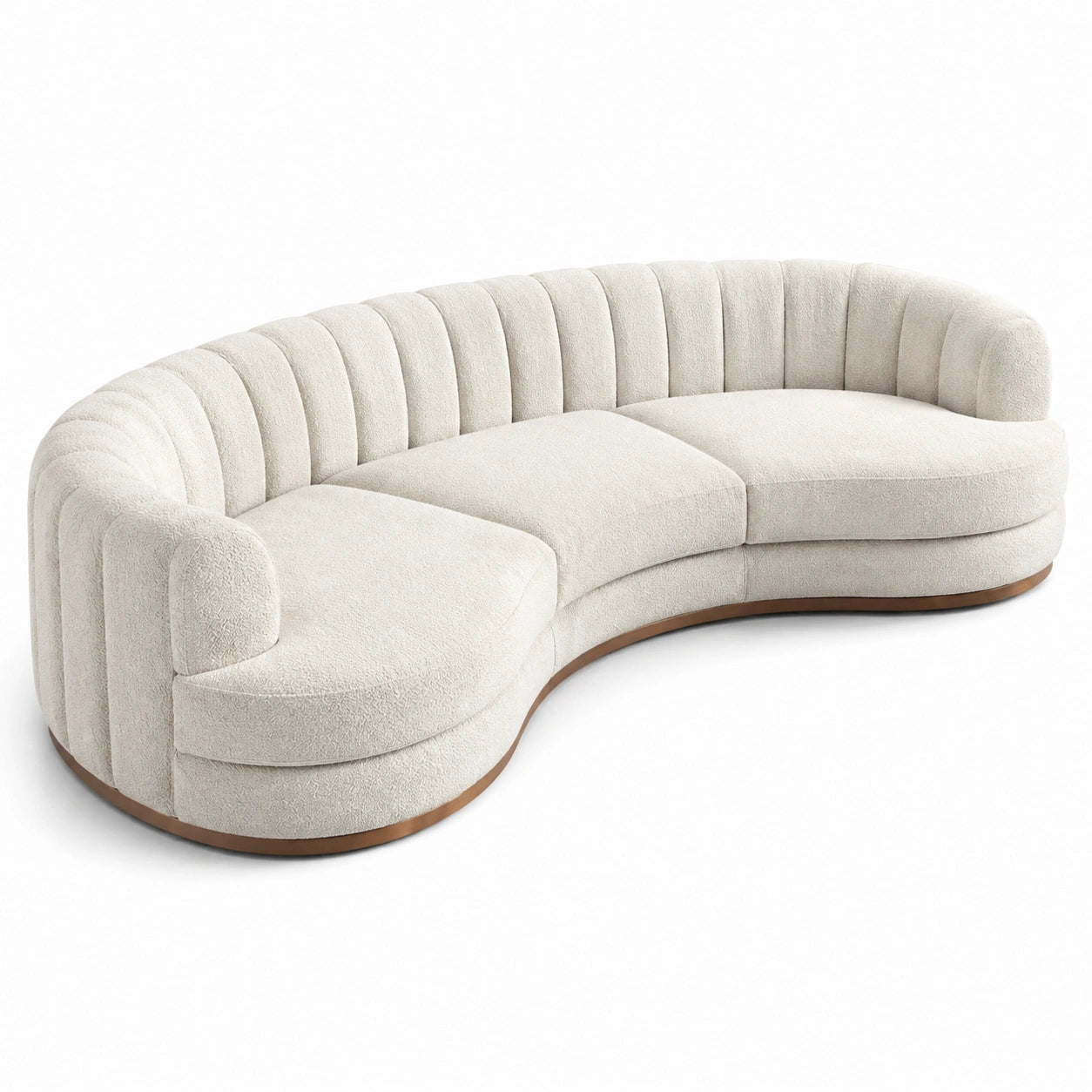 Sofá Curvo de Tela Beige con Base de Madera, 280 cm de Largo