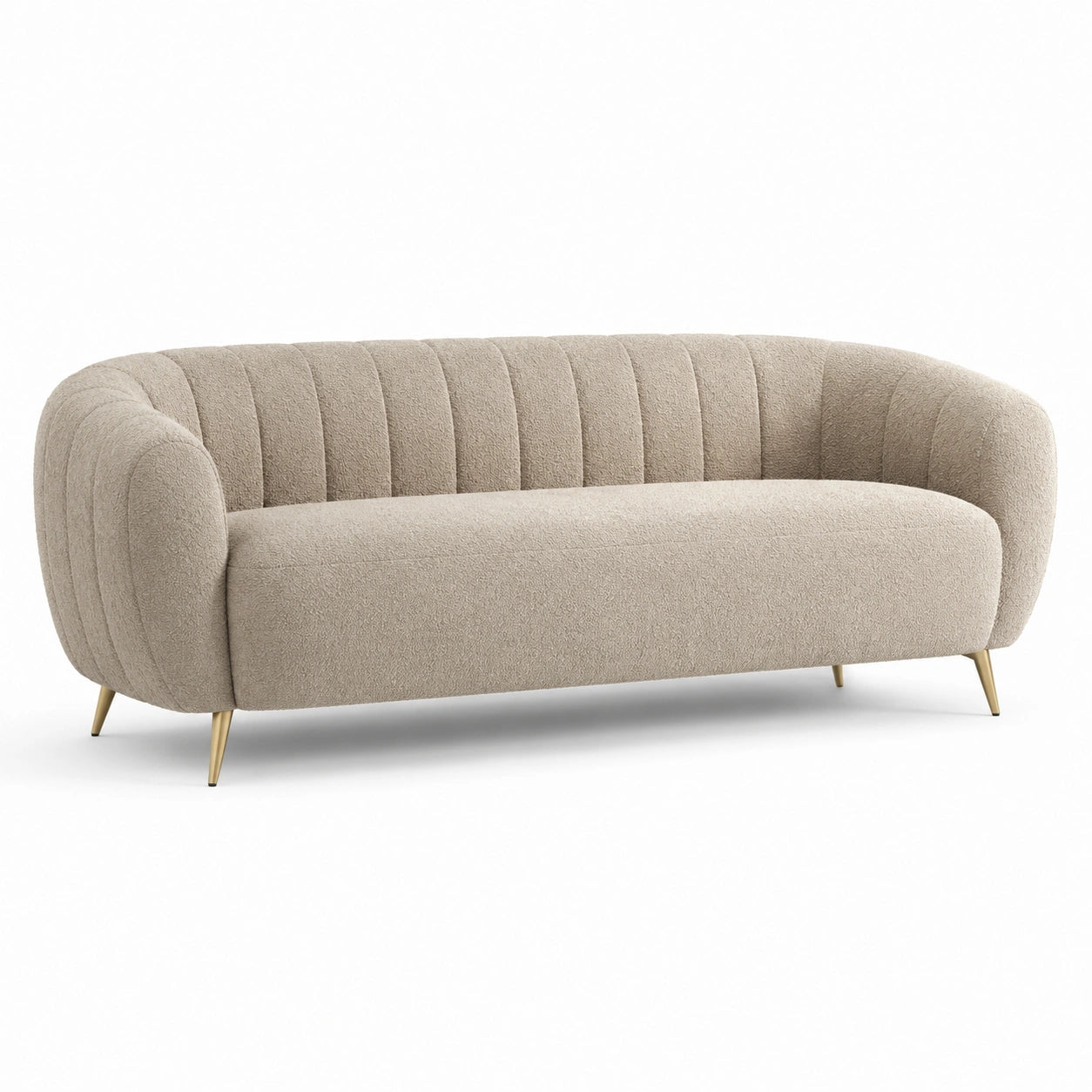 Sofá de 3 plazas de tela bouclé beige con patas metálicas doradas