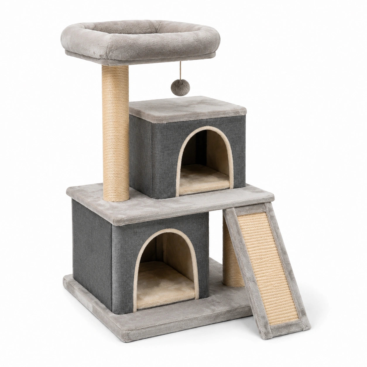 Árbol para Gatos de Tres Niveles con Rascadores de Sisal y Plataforma de Felpa Gris Beige