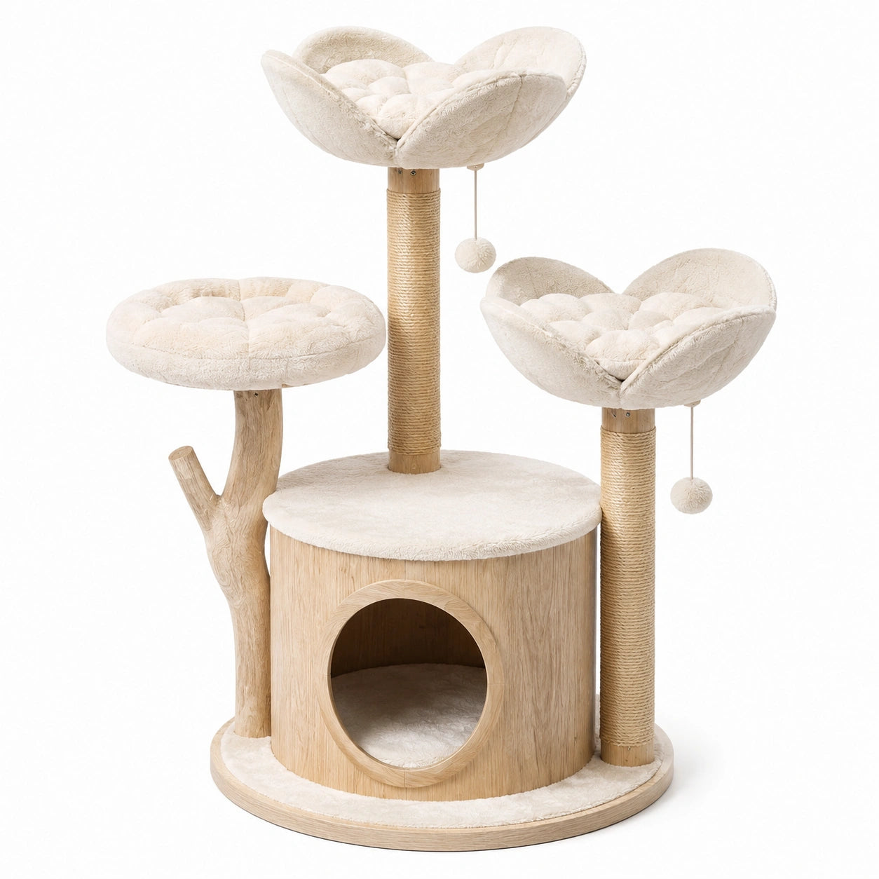 Árbol para Gato de Madera y Sisal con Plataforma y Cueva Beige