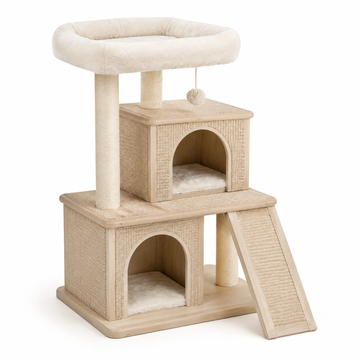 Árbol para Gatos de Tres Niveles Madera y Tela Beige