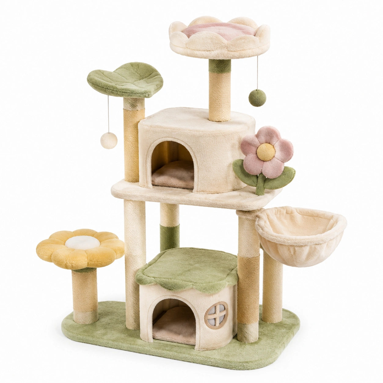 Árbol Rascador para Gatos de Madera con Tela en Beige y Verde