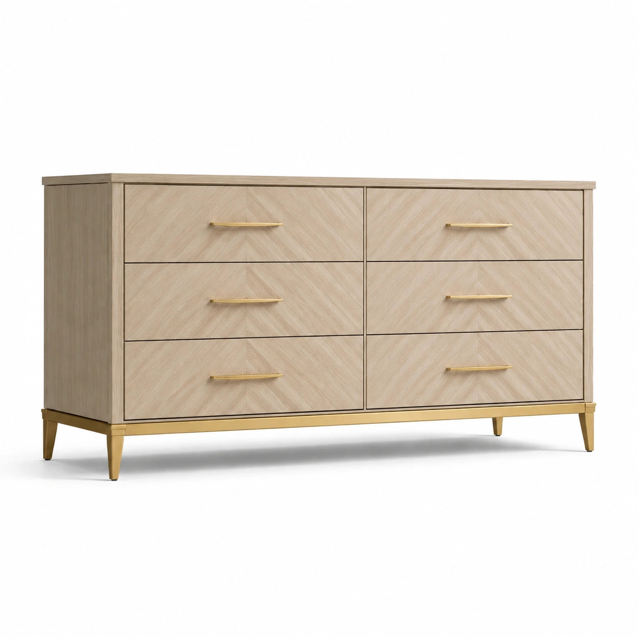 Cómoda de Madera de Roble Claro con Acabados Dorados 150 cm