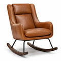 Sillón mecedora de cuero marrón con base de madera
