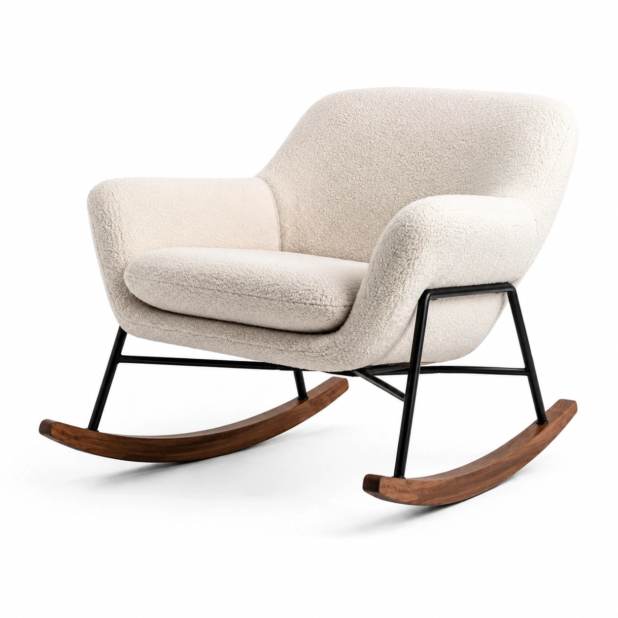 Silla mecedora de tela bouclé beige con estructura de metal y base de madera