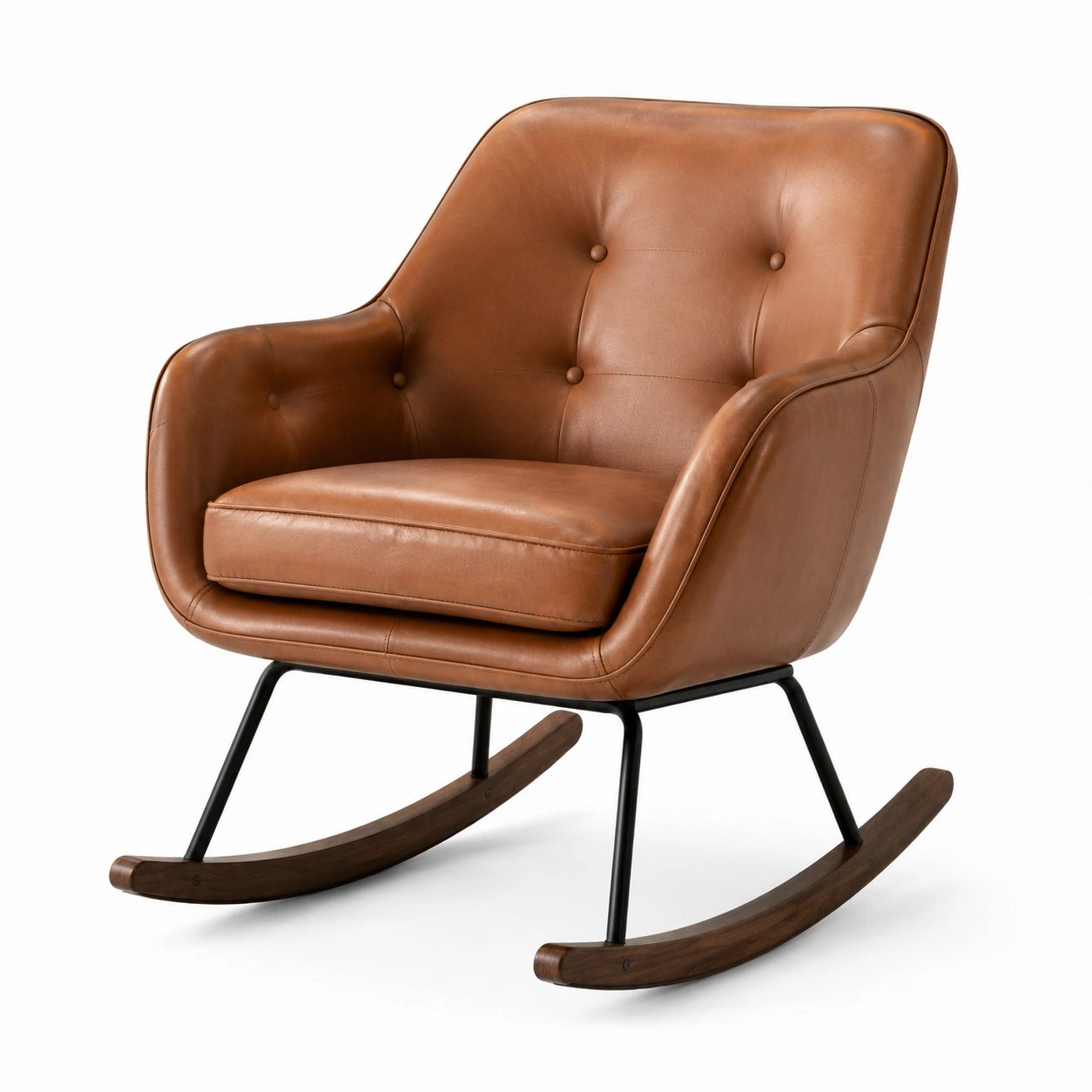 Mecedora de cuero sintético marrón con estructura de metal y base de madera